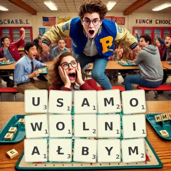 Kreatywna ilustracja do gry w Scrabble ze słowem USAMOWOLNIAŁBYM ułożonym z płytek na planszy.