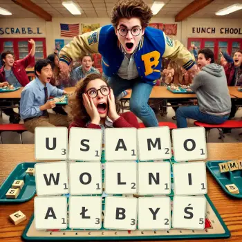 Kreatywna ilustracja do gry w Scrabble ze słowem USAMOWOLNIAŁBYŚ ułożonym z płytek na planszy.