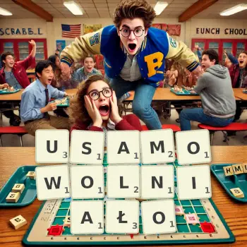 Kreatywna ilustracja do gry w Scrabble ze słowem USAMOWOLNIAŁO ułożonym z płytek na planszy.
