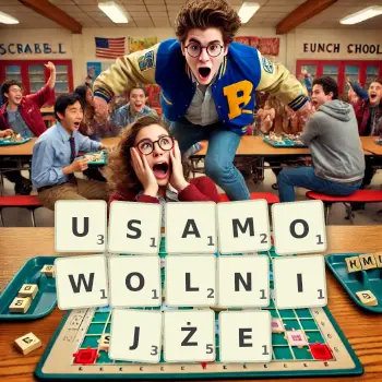 Kreatywna ilustracja do gry w Scrabble ze słowem USAMOWOLNIJŻE ułożonym z płytek na planszy.
