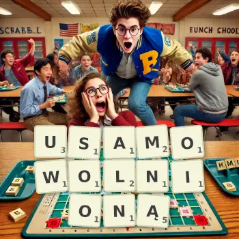 Kreatywna ilustracja do gry w Scrabble ze słowem USAMOWOLNIONĄ ułożonym z płytek na planszy.