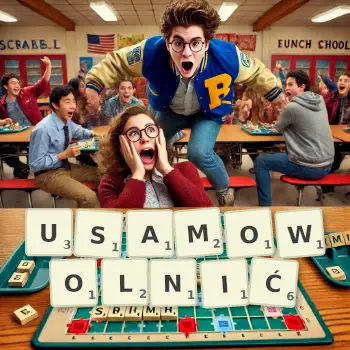 Kreatywna ilustracja do gry w Scrabble ze słowem USAMOWOLNIĆ ułożonym z płytek na planszy.
