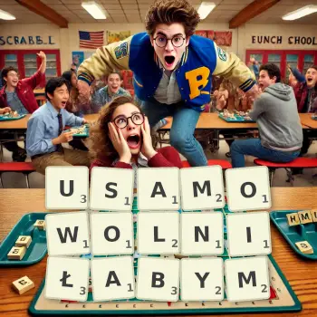 Kreatywna ilustracja do gry w Scrabble ze słowem USAMOWOLNIŁABYM ułożonym z płytek na planszy.