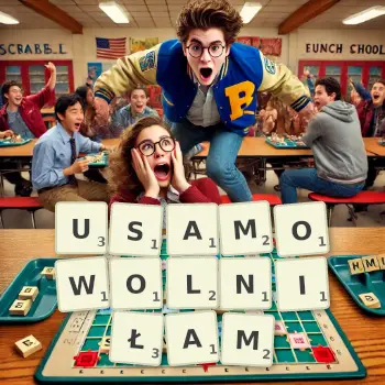 Kreatywna ilustracja do gry w Scrabble ze słowem USAMOWOLNIŁAM ułożonym z płytek na planszy.