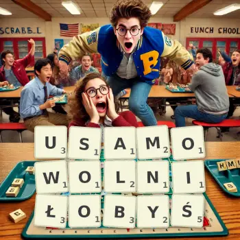 Kreatywna ilustracja do gry w Scrabble ze słowem USAMOWOLNIŁOBYŚ ułożonym z płytek na planszy.