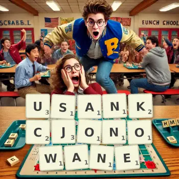 Kreatywna ilustracja do gry w Scrabble ze słowem USANKCJONOWANE ułożonym z płytek na planszy.