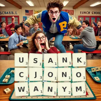 Kreatywna ilustracja do gry w Scrabble ze słowem USANKCJONOWANYM ułożonym z płytek na planszy.