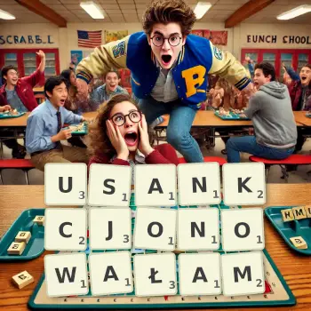 Kreatywna ilustracja do gry w Scrabble ze słowem USANKCJONOWAŁAM ułożonym z płytek na planszy.