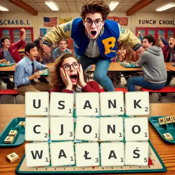 Kreatywna ilustracja do gry w Scrabble ze słowem USANKCJONOWAŁAŚ ułożonym z płytek na planszy.