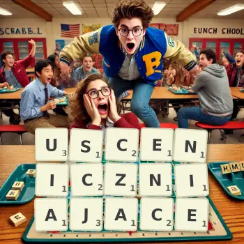 Kreatywna ilustracja do gry w Scrabble ze słowem USCENICZNIAJACE ułożonym z płytek na planszy.