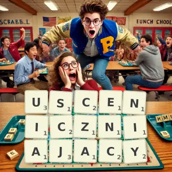 Kreatywna ilustracja do gry w Scrabble ze słowem USCENICZNIAJACY ułożonym z płytek na planszy.