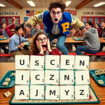 Kreatywna ilustracja do gry w Scrabble ze słowem USCENICZNIAJMYZ ułożonym z płytek na planszy.