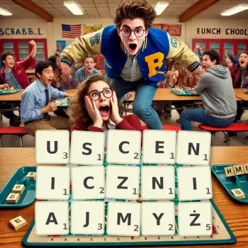 Kreatywna ilustracja do gry w Scrabble ze słowem USCENICZNIAJMYŻ ułożonym z płytek na planszy.