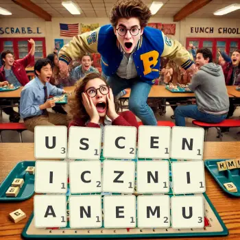 Kreatywna ilustracja do gry w Scrabble ze słowem USCENICZNIANEMU ułożonym z płytek na planszy.