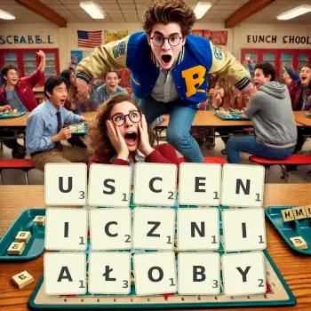 Kreatywna ilustracja do gry w Scrabble ze słowem USCENICZNIAŁOBY ułożonym z płytek na planszy.