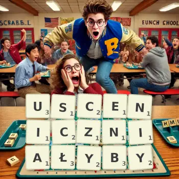 Kreatywna ilustracja do gry w Scrabble ze słowem USCENICZNIAŁYBY ułożonym z płytek na planszy.