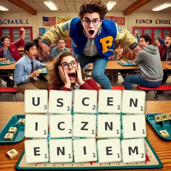 Kreatywna ilustracja do gry w Scrabble ze słowem USCENICZNIENIEM ułożonym z płytek na planszy.