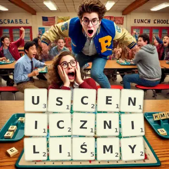 Kreatywna ilustracja do gry w Scrabble ze słowem USCENICZNILIŚMY ułożonym z płytek na planszy.