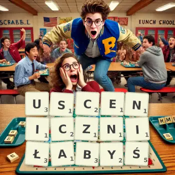 Kreatywna ilustracja do gry w Scrabble ze słowem USCENICZNIŁABYŚ ułożonym z płytek na planszy.