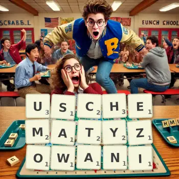 Kreatywna ilustracja do gry w Scrabble ze słowem USCHEMATYZOWANI ułożonym z płytek na planszy.