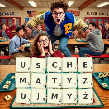 Kreatywna ilustracja do gry w Scrabble ze słowem USCHEMATYZUJMYŻ ułożonym z płytek na planszy.