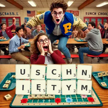 Kreatywna ilustracja do gry w Scrabble ze słowem USCHNIĘTYM ułożonym z płytek na planszy.