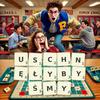 Kreatywna ilustracja do gry w Scrabble ze słowem USCHNĘŁYBYŚMY ułożonym z płytek na planszy.