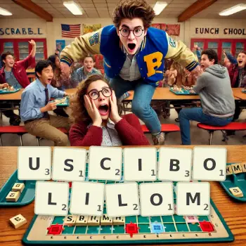 Kreatywna ilustracja do gry w Scrabble ze słowem USCIBOLILOM ułożonym z płytek na planszy.