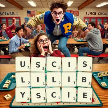 Kreatywna ilustracja do gry w Scrabble ze słowem USCISLILIBYSCIE ułożonym z płytek na planszy.