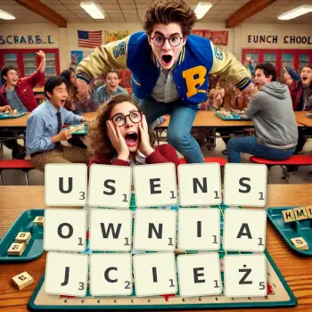 Kreatywna ilustracja do gry w Scrabble ze słowem USENSOWNIAJCIEŻ ułożonym z płytek na planszy.