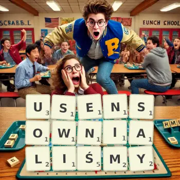 Kreatywna ilustracja do gry w Scrabble ze słowem USENSOWNIALIŚMY ułożonym z płytek na planszy.