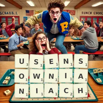 Kreatywna ilustracja do gry w Scrabble ze słowem USENSOWNIANIACH ułożonym z płytek na planszy.