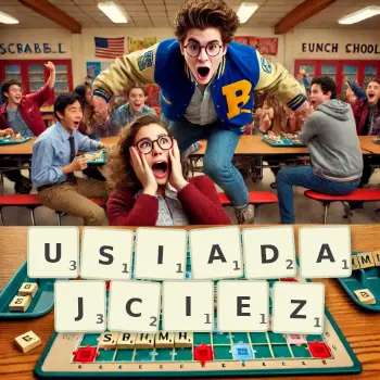 Kreatywna ilustracja do gry w Scrabble ze słowem USIADAJCIEZ ułożonym z płytek na planszy.