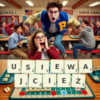 Kreatywna ilustracja do gry w Scrabble ze słowem USIEWAJCIEŻ ułożonym z płytek na planszy.