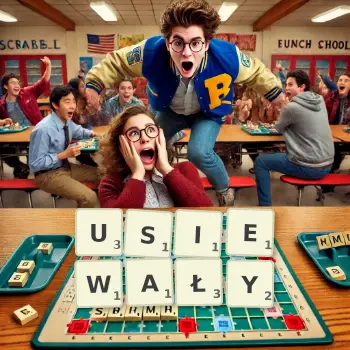 Kreatywna ilustracja do gry w Scrabble ze słowem USIEWAŁY ułożonym z płytek na planszy.