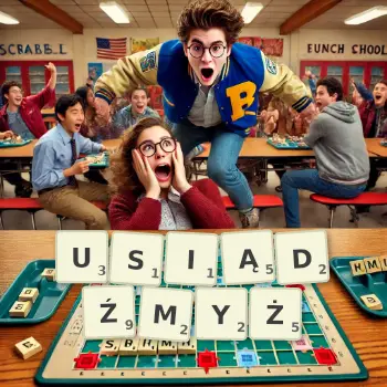 Kreatywna ilustracja do gry w Scrabble ze słowem USIĄDŹMYŻ ułożonym z płytek na planszy.