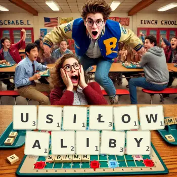 Kreatywna ilustracja do gry w Scrabble ze słowem USIŁOWALIBY ułożonym z płytek na planszy.