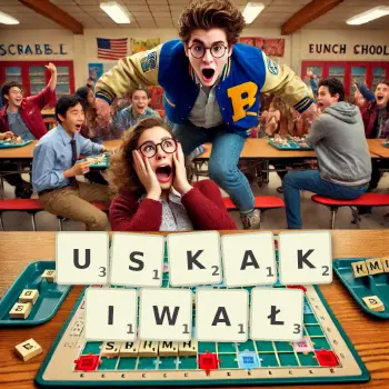 Kreatywna ilustracja do gry w Scrabble ze słowem USKAKIWAŁ ułożonym z płytek na planszy.