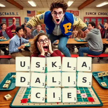 Kreatywna ilustracja do gry w Scrabble ze słowem USKLADALISCIE ułożonym z płytek na planszy.