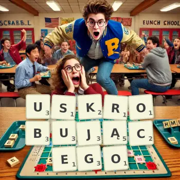 Kreatywna ilustracja do gry w Scrabble ze słowem USKROBUJĄCEGO ułożonym z płytek na planszy.