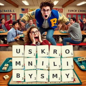 Kreatywna ilustracja do gry w Scrabble ze słowem USKROMNILIBYSMY ułożonym z płytek na planszy.