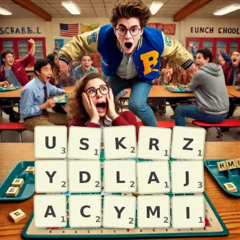 Kreatywna ilustracja do gry w Scrabble ze słowem USKRZYDLAJACYMI ułożonym z płytek na planszy.