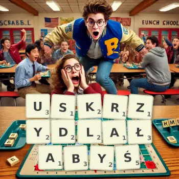 Kreatywna ilustracja do gry w Scrabble ze słowem USKRZYDLAŁABYŚ ułożonym z płytek na planszy.