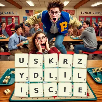 Kreatywna ilustracja do gry w Scrabble ze słowem USKRZYDLILISCIE ułożonym z płytek na planszy.