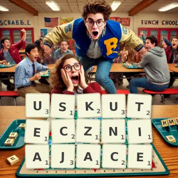 Kreatywna ilustracja do gry w Scrabble ze słowem USKUTECZNIAJACE ułożonym z płytek na planszy.