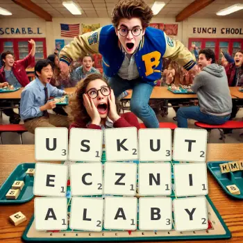 Kreatywna ilustracja do gry w Scrabble ze słowem USKUTECZNIALABY ułożonym z płytek na planszy.