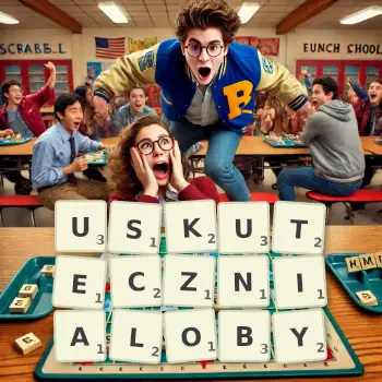 Kreatywna ilustracja do gry w Scrabble ze słowem USKUTECZNIALOBY ułożonym z płytek na planszy.