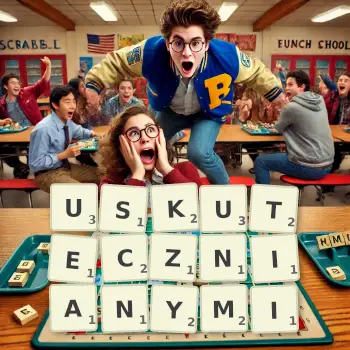 Kreatywna ilustracja do gry w Scrabble ze słowem USKUTECZNIANYMI ułożonym z płytek na planszy.