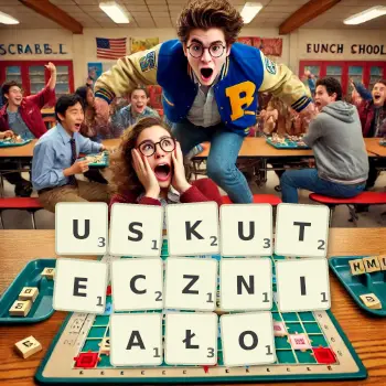 Kreatywna ilustracja do gry w Scrabble ze słowem USKUTECZNIAŁO ułożonym z płytek na planszy.