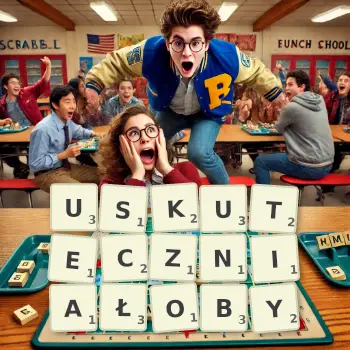 Kreatywna ilustracja do gry w Scrabble ze słowem USKUTECZNIAŁOBY ułożonym z płytek na planszy.